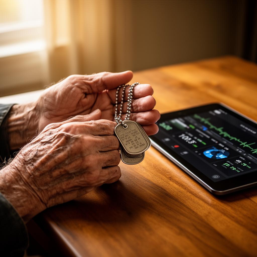 Veteran holding dog tags beside a tablet