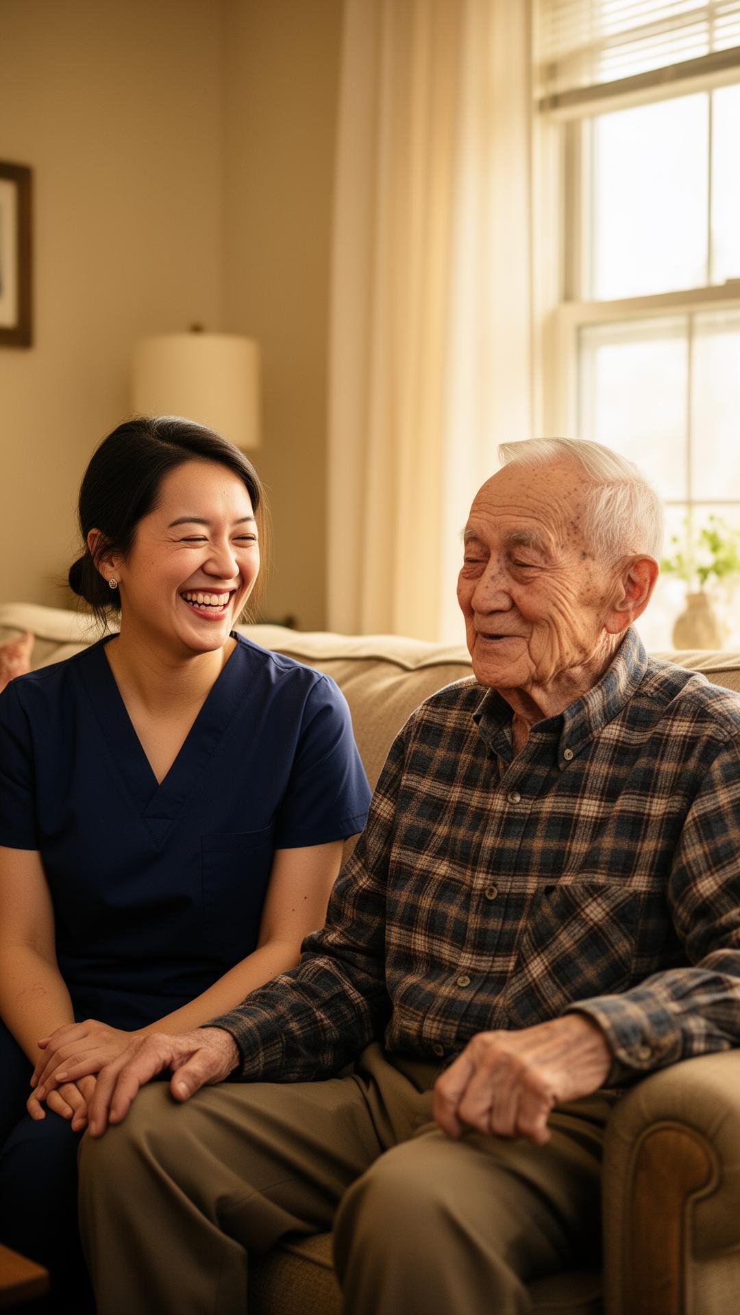 Caregiver sitting with an elderly veteran at home